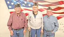 Recognized for their longstanding commitment to the Gregory American Legion were (from left) Gerald Gergen, 50-year member; Denny Miner, 60-year member; and Ron Shattuck, 60-year member. The three veterans were honored during a recent Legion gathering for their combined 170 years of continuous membership.