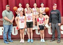 The sixth-grade girls basketball team captured first place out of seven teams at the Stuart tournament in Stuart, Nebraska, on Saturday, February 14, 2026. Team members are, back row, l to r: Mayme Reber, Avaya Vomacka, Averie Stukel and Lydia Wonnenberg; front row, l to r: Coach Aaron Vomacka, Sutton Braun, Hannah Hull, Brenlee Braun, and Coach Hank Wonnenberg. The team’s path to the championship included victories over Summerland, 12-5; Burke, 39-30; Stuart, 29-24; and Stuart, 35-24.