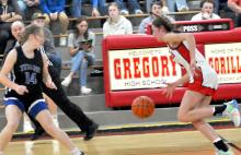 Regan Graesser moves the ball down the court in Gregory’s loss to Mt. Vernon/Plankinton last Tuesday.
