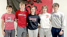 The Gregory boys golf team took first place at Yankton Fox Run Golf Tournament. The team in cluded, l to r: Luke Stukel, Kade Braun, Jesse Jo VanDerWerff (led the girls team with a 90 and 4th place), Kade Stukel, and Eli Fogel.