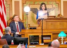 Gov. Kristi Noem delivers the state of the state address inside the House of Representatives chamber on Tuesday, Jan. 14, 2025, at the South Dakota State Capitol in Pierre, South Dakota. (Photo by Samantha Laurey / Argus Leader)