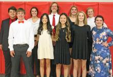 Oral interpretation winners at the local level are pictured back row, l to r: Eli Barreto, Anna Dargatz, Christian Spann, Dakota Timanus, and Gracie Kenzy. Front row, l to r: Jaden Graber, Cindy Khuu, Nancy Khuu, Ashtyn Waldner, and Ravyn Oliver. (Photo by Ronda Graber)