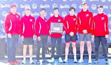 The boys cross country team made school history when they became the first Gregory team to make it to the podium at the state meet, placing fifth. Shown above l to r are Coach Lonnie Klundt, Ryler Stevicks, Luke Barreto, Fin Adams, Pierce Stukel, Jackson Bolander, and Cruz Klundt.