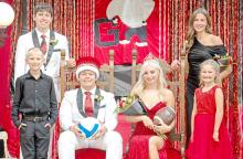 Homecoming King Max Bearshield and Queen Destiny Sengelmann are flanked by pages Blevins Beck and Mara Opp and runners-up Ben Stevicks, and Regan Graesser. (Photo by Melissa Bearshield)