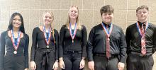 In the readers theatre category, l to r: Cindy Khuu, Kaydence Klein, Mya Determan, Eli Barreto, and Cruz Klundt, received a score of six by all three judges to receive a superior. (Photos submitted by Ronda Graber)