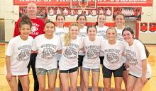 The girls East team consisted of back row, l to r: Coach Jeff Determan, Maya Thuringer (Platte/Geddes, 2 pts), Kenadee Kozak (Bon Homme, 12 pts), Lydia Yost (Wagner, 8 pts), and Lindy Kiehn (Kimball/White Lake, 8 pts). Front row, l to r: Leah Brown (AC/DC), Mahpiya Irving (AC/DC, 16 pts), Josie Brouwer (AC/DC, 12pts), Lauren Ziebert (Parkston, 8 pts), Summer Skluzak (Kimball/White Lake, 7 pts), and Kalli Summerville (Platte/Geddes).