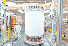 The LUX-ZEPLIN main detector in a surface lab before installation underground. (Photo courtesy of Matthew Kapust/Sanford Underground Research Facility)