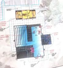 The proposed design for the new pool shows an area with lanes for competitions, the return of diving boards, a water slide, and a zero depth entry.