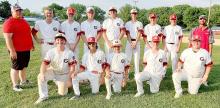 The Gregory Jr. Teeners are back row, l to r: Coach Clinton Fuhrer, Dylan Fiebelkorn, Avery Sengelmann, Landon Keiser, Carter Baumgartner, Elijah Bartling, Mac Zimbelman, Mitch Zimbelman, and Coach Jason Frasch. Front row, l to r: Hudson Fuhrer, David Biggins, Aiden Frasch, Jacob Klein, and Austin Vosika.
