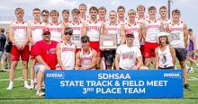 The 2025 Gregory High School boys track team pulled off an impressive third place team finish at the state track meet last weekend. Back row, l to r: Jes VanderPol, Noah Bearshield, Colt Keiser, Rane Kenzy, Cole Serr, Jackson Bolander, and Max Cook; middle row: Landon Keiser, Ryler Stevicks, Eli Ekroth, Pierce Stukel, Jhett Eklund, Paul Sinclair, Lincoln Juracek, Cruz Klundt, and Luke Stukel; front: Asst. Coach Duane Lunne, Luke Barreto, David Biggins, Head Coach Kurt Stukel, and Asst. Coach Katie Biggins.