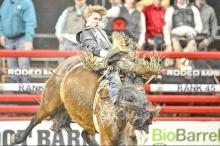 Taos Weborg, of Gregory, rides in the bareback competition during the Rodeo Rapid City 20X SD High School Showcase on Sunday at The Monument in Rapid City. Barrel Racing (Matt Gade / 605 Sports)