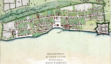 St. Augustine was the first permanent settlement in the United States, established by the Spanish in 1565. This 1777 map shows the city that developed to the west of the original fort, pictured at the bottom right. (Photo from the University of South Florida.)