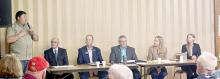 The candidate forum hosted by the South Central Republican Women was moderated by Caleb Finck, left. The candidates who participated are, l to r: Jim Halverson, Representative Marty Overweg, Lee Qualm, Senator Erin Tobin, and Mykala Voita.