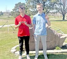 Aiden Frasch, l, and Wyatt Beck, r, made their season debut, medaling at the meet in Burke on Tuesday, April 15, 2025.