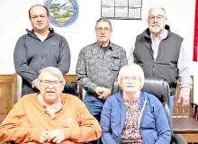 The 2025 Board of County Commissioners is shown above, back row, l to r: Board Chair Jessy Biggins, Byrain Boes, Co-Chair Doug Janousek; front row, l to r: Jeff Johnson and Peggy Glover.