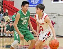 Noah Bearshield led the team with 14 points and 7 rebounds against Colome. (Photo by Gracie Stephens)