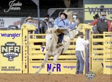 Stock Contractor: Muddy Creek ProRodeo, Horse #228 Braggin Rights, Chad Rutherford, Hillsboro, TX, 2020 Wrangler NFR. (Photo by Jackie