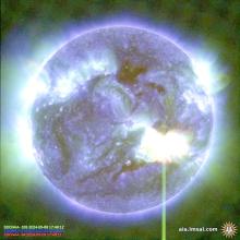This image provided by NASA shows a solar flare, as seen in the bright flash in the lower right, captured by NASA’s Solar Dynamics Observatory on May 9, 2024. A severe geomagnetic storm watch was issued for Earth starting Friday and lasting all weekend—the first in nearly 20 years. (NASA/SDO via AP)
