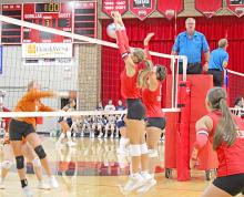 Asia VanDerWerff blocks the ball in Gregory’s five-set victory over Lyman on Thursday at home. (Photo by Madi Graber)