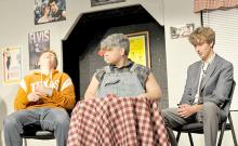 Cody, (r) played by Isaac Hull, just confided to his friends, (Eli Barreto and Bo Brozik) much to their amusement, that he accidentally proposed to his girlfriend in the Gregory High School production of “Scrambled,” performed Friday and Saturday evenings at Dixon Town Hall Theater.