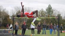 Sophomore Daniel Mitchell has flirted with the school high jump record this year, hitting 6’6” a couple times, just one inch shy of the mark. (Photos by Sierra Rencountre)
