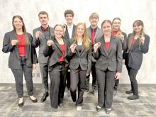 The entire oral interpretation team is moving on to regions. Back row, l to r: Ella Sperl, Ryler Stevicks, George Timanus, Bo Brozik, Charissa Ring, and Piper Bartlett; front row, l to r: Madi Graber, Mia Haines, and Dani Timanus. (Submitted photo)