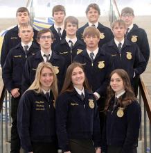 Students posed for group pictures Tuesday morning before awards were presented. Participants are back row, l to r: Dawson York, Mason Peck, Taron Serr, and Carson Peck. Third row, l to r: Corbin Rolf, Breven Bolander, and Tyler Spencer. Second row, l to r: Lucas Eastlund and Mason Hood. Front row, l to r: Hailey Haiar, Taylor Even, and Avery Zeisler.