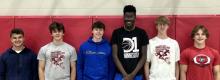 Members of the Gregory High School track team who earned a place finish at the Howard Wood Relays are shown above, l to r: Trey Murray, Eli Fogel, Carson Klundt, Daniel Mitchell, Luke Sinclair, and Kade Stukel.