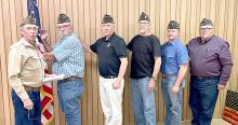 Installation of officers was held at the Burke VFW Post 9950 on Tuesday, April 18, 2023. Officers include, l to r: Don Soesbe (past commander administering the oath), Denny Pense - Commander, Jim Moore - Sr. Vice, Gary Vomacka - Jr. Vice, Chad Bauld - Quartermaster/ Adjutant, and Roland Holub - Chaplain.