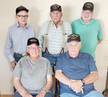 Five of the men who are still alive, got together this year at the home of Ronnie and Darlene Shattuck of Gregory. In the back row, l to r, are Jack Sell, George Sitorius, (both from Nebraska), and John Swanson of Minnesota. In the front row, l to r, are Ronnie Shattuck of Gregory and Alex Swanson of Wisconsin.