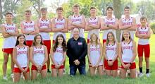 The 2024 cross country teams are back row, l to r: Luke Barreto, Ryler Stevicks, Isaac Hull, George Timanus, Jackson Bolander, Cruz Klundt, Pierce Stukel, Nick Kenzy, and Andrew Lutt. Front row, l to r: Gracie Biggins, Kennley Sedlacek, Sophia Stevicks, Head coach Lonnie Klundt, Sadie Thompson, Emily Grim, and Abigail Engel.