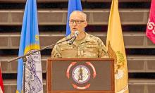 Maj. Gen. Mark Morrell addresses the assembly at the welcome home ceremony for the South Dakota Army National Guard’s 665th Support Maintenance Company.