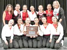 The dance team brought home the first-ever plaque from state for cheer and dance. Pictured back row l to r: Coach Jenny Hanson, Savanah Lozano, Kaelynn Rezac, Marissa Zimmerman, Mia Haines, Kennley Sedlacek, and Coach Lenna Braun. Pictured front row, l to r; Madisan Graber, Paige Rezac, Kaydence Klein, Cindy Khuu, Adyson Stukel, and Brynn Bearshield.