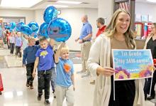 The first grade class had bright blue shark balloons.