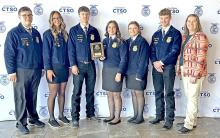 The Gregory County FFA chapter has been recognized as a National 2 Star Chapter. Officers will be recognized on stage at the National Convention in October. The 2025 officers are, l to r: Leo Mosterd, Aubree Miller, Nick Kenzy, Avery Zeisler, Ava Kerner, Tyler Kenzy, and Advisor Mollie Andrews. This photo was taken at the state convention in April. (Photo submitted by Mollie Andrews)