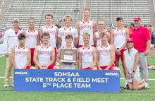 The 2026 Gregory High School boys track team achieved a fifth place team finish at the state track meet last weekend. Back row, l to r: Head Coach Kurt Stukel, David Biggins, Ryler Stevicks, Eli Ekroth, Colt Keiser, Dylan Johnson, Aiden Frasch, and Asst. Coach Duane Lunne. Front row, l to r: Luke Barreto, Jeston VanderPol, Pierce Stukel, Lincoln Juracek, Landon Keiser, and Asst. Coach Katie Biggins.
