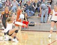 Regan Graesser bumps the ball in the Spikers’ win against White River. (Photo by Kristy Ring)