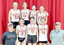 Gregory sixth grade girls basketball won first place at the home tournament on Saturday, January 17, 2026. Back row (l to r): Addyson DuFrane, Hannah Hull, Mayme Reber, and Avery Stukel.Front row (l to r): Coach Hank Wonnenberg, Avaya Vomacka, Lydia Wonnenberg, Sutton Braun, and Coach Aaron Vomacka.