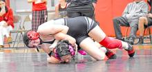 Daytona Paris pinned both of her opponents in the Storm duals against Lakota Tech and Bennett County in Gregory on February 10, 2026. (Photo by Kamre Peabody)
