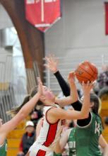 Asia VanDerWerff works around a Cowgirl defender in the Lady Gorillas’ win over Colome Monday night in the first game of the region tournament. They moved on to play #1 seed Wessington Springs Tuesday evening.