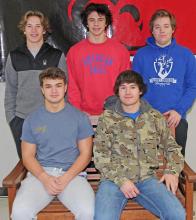 The five GHS football players who were selected for the all-conference team were back row, l to r: Kade Stukel, Eli Fogel and Jaden Graber (honorable mention). Front row, l to r: Trey Murray and Rylan Peck. Not pictured: Owen Hansen.