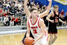 Cole Serr contributed six points in Gregory’s effort against a formidable Lyman team last Tuesday in the SoDak 16 game at Todd County High School. (Photo by Sara Anderson)