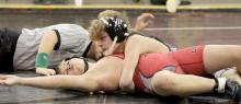 Moxon Fox won his match against a Lyman opponent, pinning him in 3:34 in front of the home crowd on Tuesday, January 4. (Photo credit: Ashton Eklund)