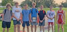 The Gregory boys cross country team, shown l to r: Isaac Hull, Jackson Bolander, Nick Kenzy, Luke Sinclair, Fin Adams, and Pierce Stukel, brought home the team title from the Wagner meet on September 12. The girls team placed second. (Submitted photo)