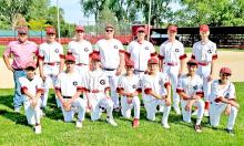 Members of the 2025 Jr. Teeners (14U) are, back row, l to r: Coach Nick Reber, Ryggan Lambley, Jacob Klein, Austin Vosika, Andy Simpson, Wyatt Beck, Jakoby Schonebaum; front row, l to r: Fielding Johnson, Reed Sedlacek, Oakley Fuhrer, AJ Lutt, Gabe Ekroth, Dane Johnson, and Otto Reber.