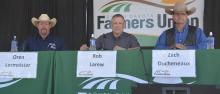 Zach Ducheneaux, right, U.S. Department of Agriculture Farm Service Agency Administrator, was among the thought leaders to discuss food security with farmers, ranchers and other fairgoers during Farmers Union Day at the South Dakota State Fair. Other panelists included National Farmers Union President, Rob Larew, center, and Oren Lesmeister, left, a Parade rancher, small business owner and District 28-A State Representative. (Photo submitted by South Dakota Farmers Union)