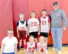 Third place in the 3rd-4th grade division went to the Iowa State Cyclones team. Back row, l to r: Odin Reber, Bennett Wenger, Jace Birkel, and Coach Mark Braun; front row, l to r: Remington Rolf, Brenlee Braun, and Finley Frasch.