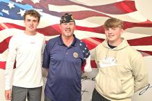 Ryler Stevicks, l, and Bo Brozik, r, are shown here with Gregory American Legion Post Commander Greg Smith. The two young men will attend Boys State in June. (submitted photo)