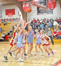 Six girls fight for a rebound in Gregory’s matchup with Bon Homme on Friday. (Photo by Maya Hull)