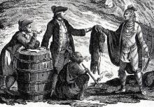 Early fur traders didn’t establish settlements but merely came to trade with the Indians and went back to Europe. Fur traders in Canada, trading with Indians by William Faden, 1777, (Public domain)